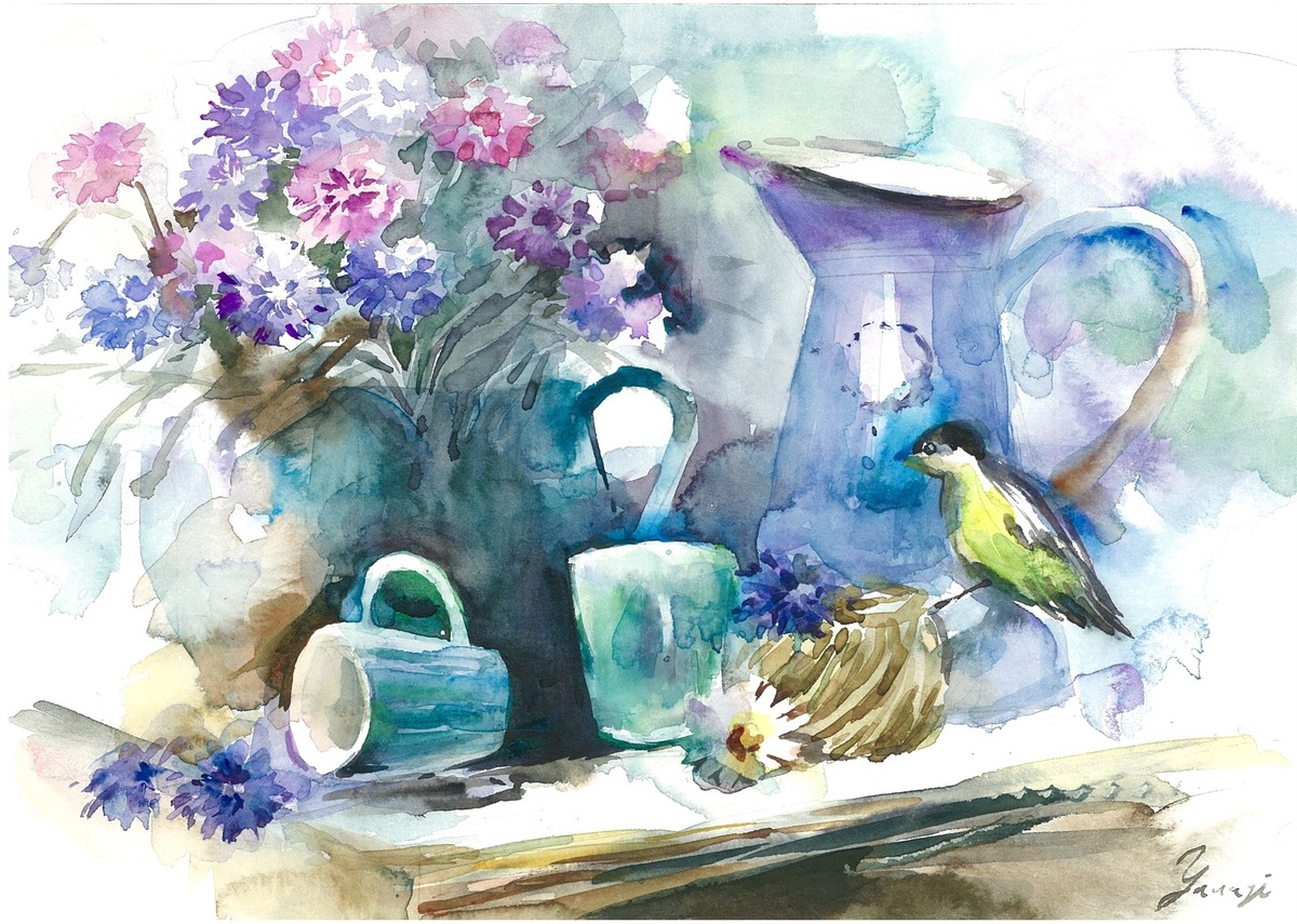 水彩画 原画 小鳥のいる静物