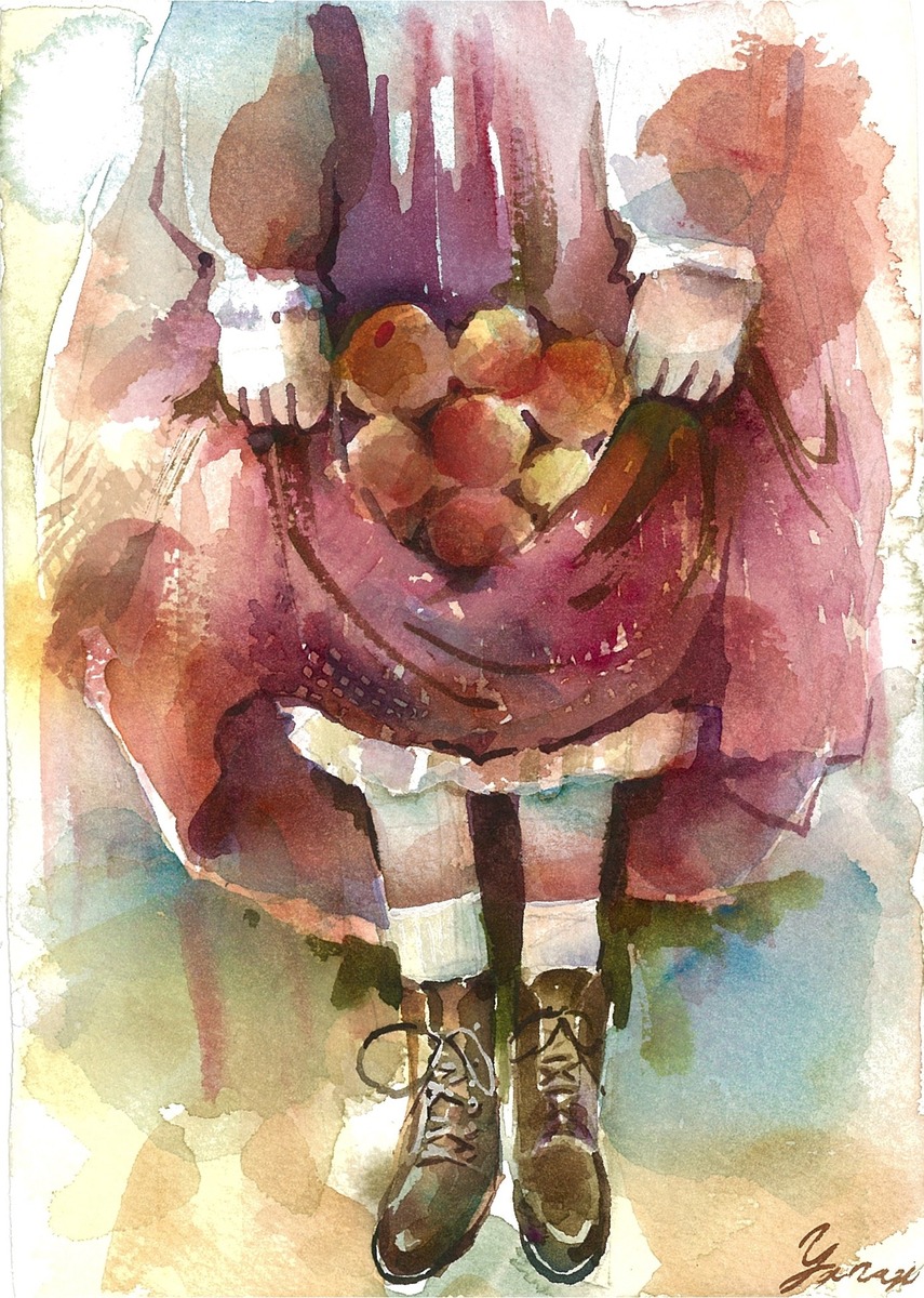 水彩画 原画 少女と果物