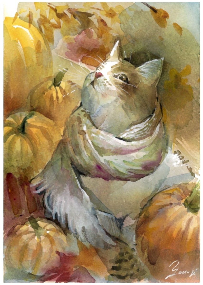 水彩画 原画 ネコと南瓜