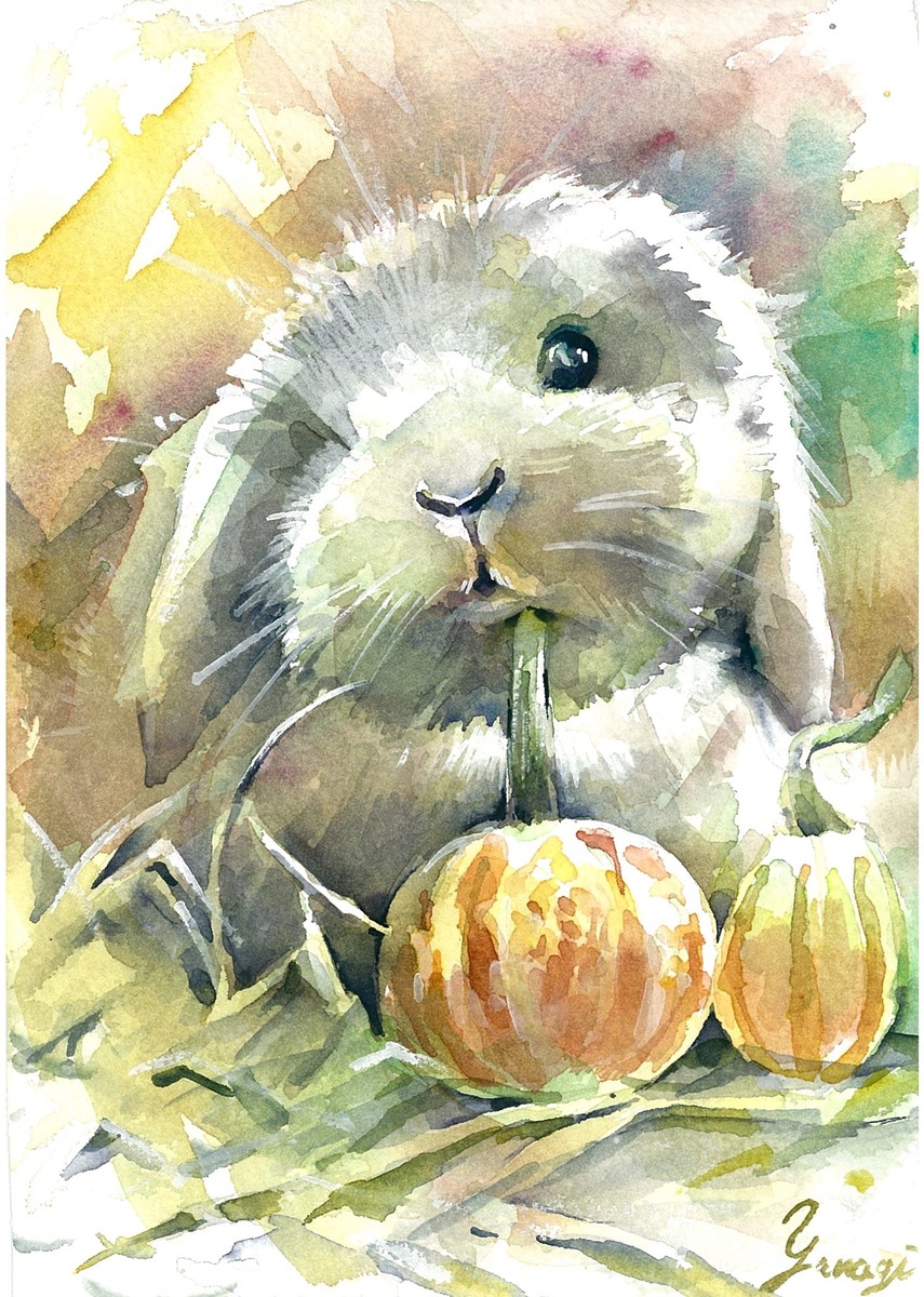 水彩画 原画 傾げるうさぎ