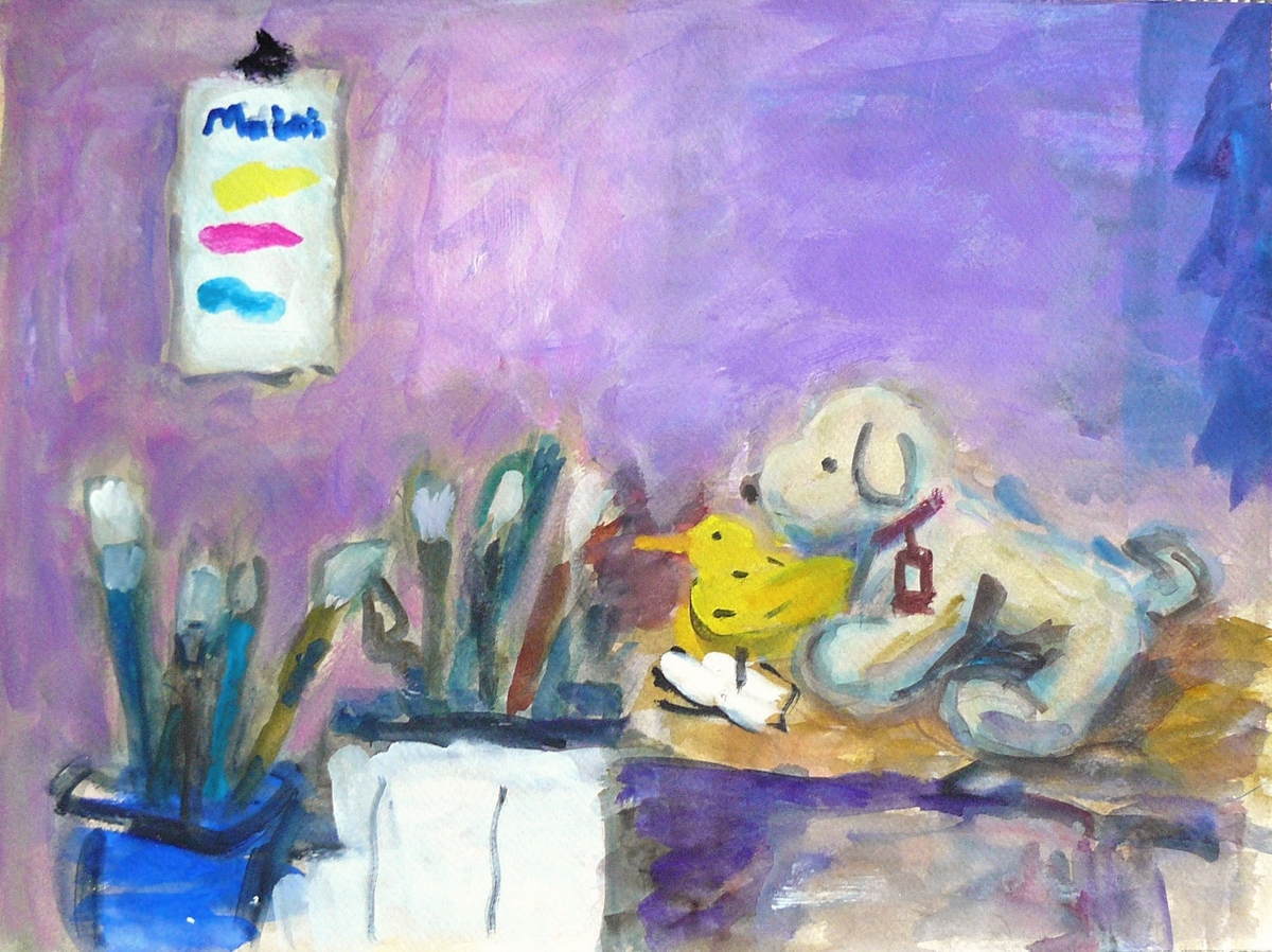 テディベアと小鳥のいる静物画