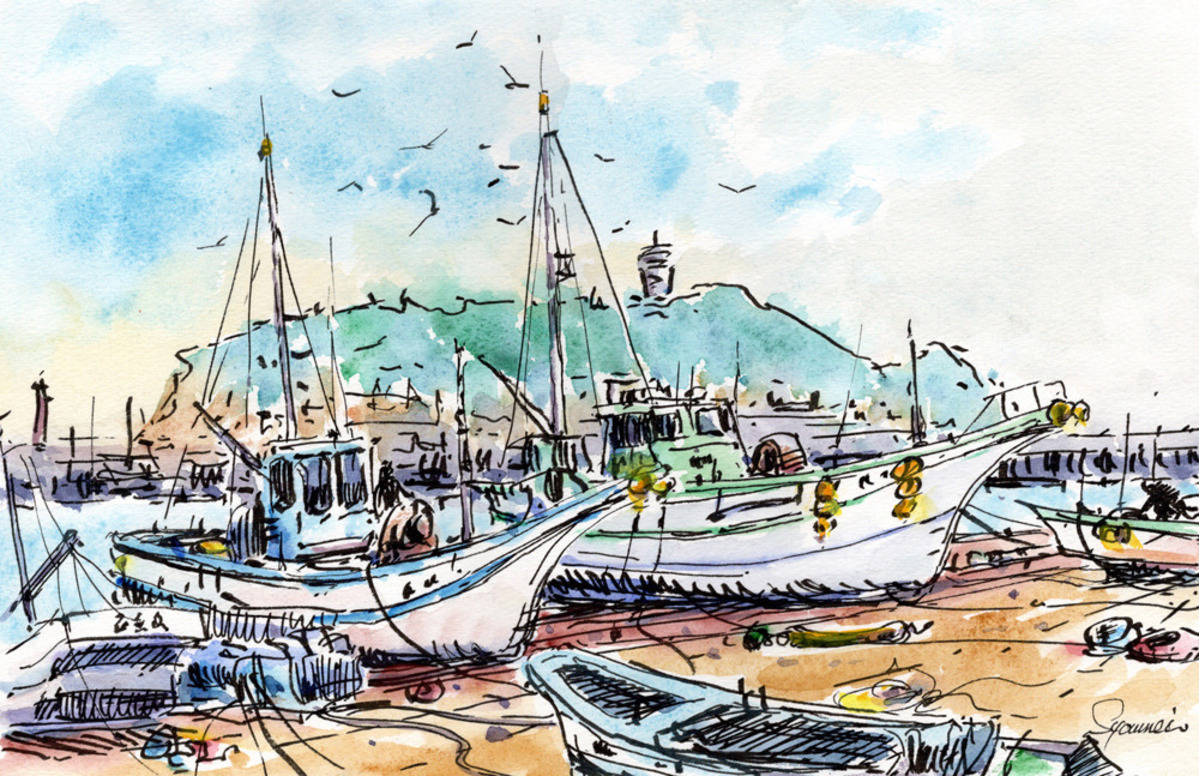 水彩画原画 腰越漁港風景 A #700