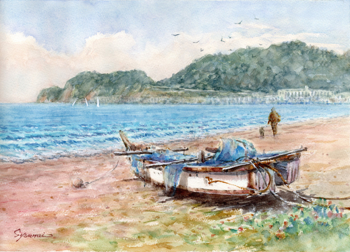 水彩画原画・鎌倉由比ケ浜海岸#717