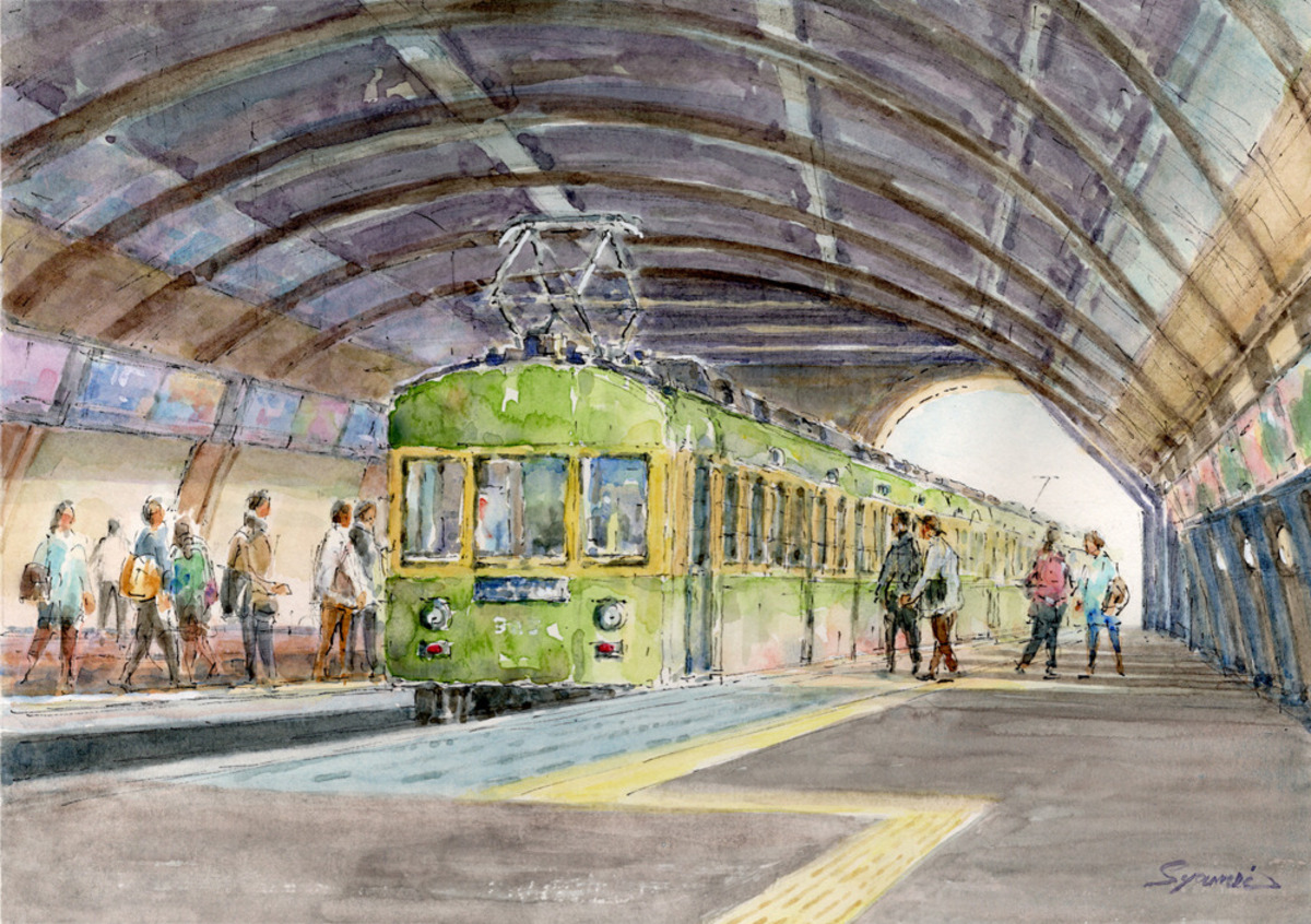 水彩画原画・江ノ電藤沢駅ホーム#718