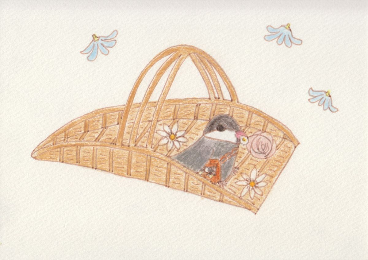 伝書文鳥と花かご