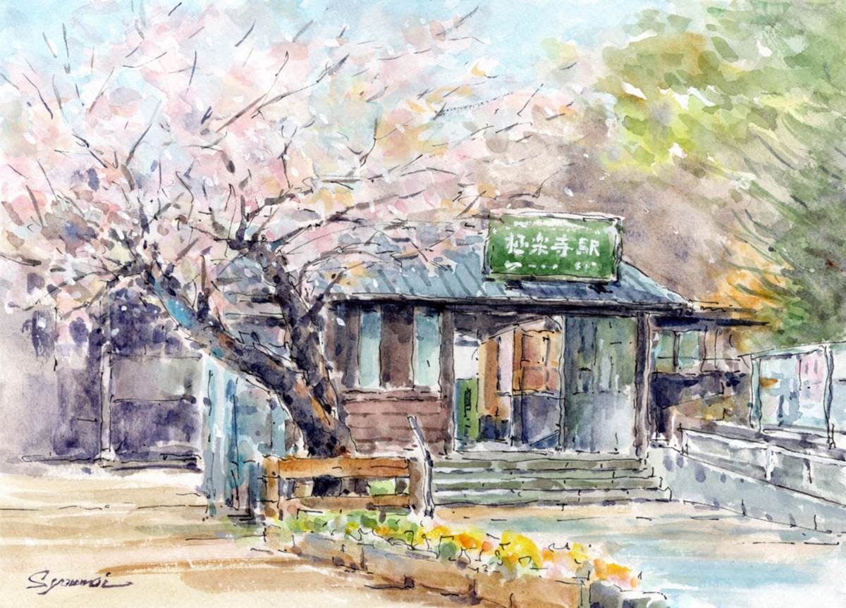水彩画原画 桜・極楽寺駅前 #726
