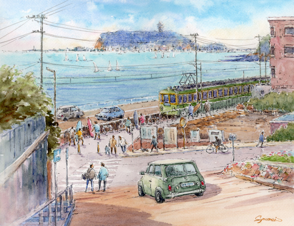 水彩画原画 湘南日和・江の島と江ノ電 #728