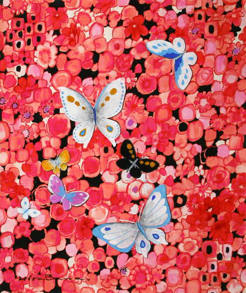 ピンクの花と蝶たち」 by A Hirasawa｜Artmeter｜暮らしを彩るアートが