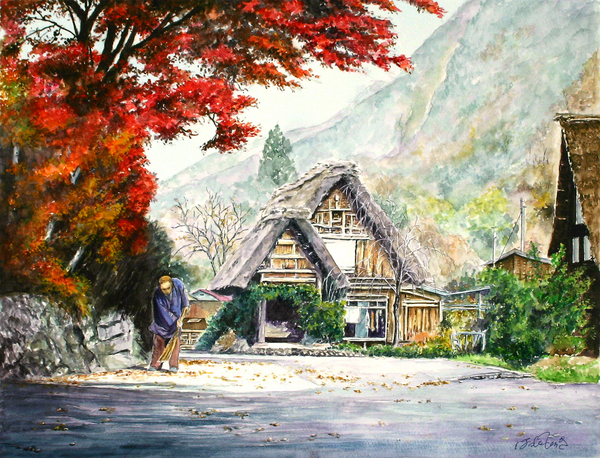 水彩画「南飛騨の秋」