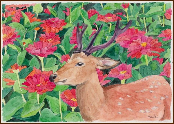油絵　専用　赤い鳥の家族と赤い花 油絵の絵画で瀬川竜夫が描いた花の絵の油絵「赤い花」をご購入