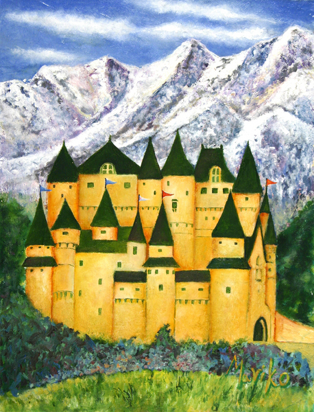 【真作】絵画　水彩　古城のある風景　青空と古城　透明感あふれる古城風景　W169 真作】絵画 水彩 古城のある風景 青空と古城 透明感あふれる古城