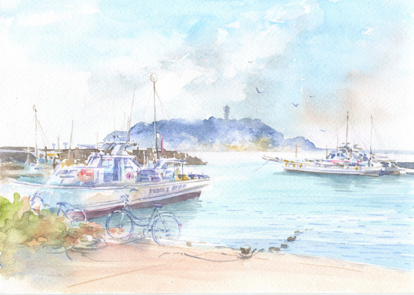 ☆水彩画☆原画「緑の江ノ島」＃644