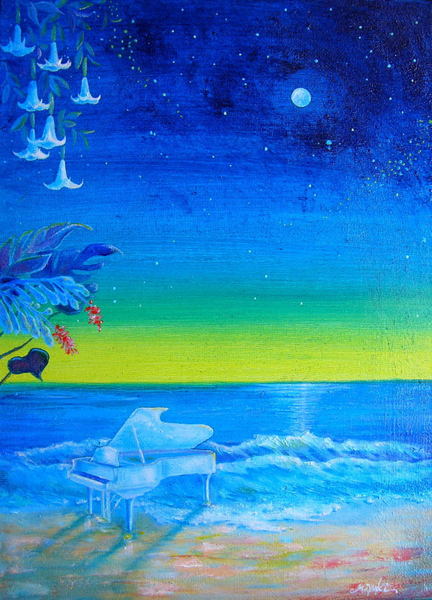 油絵 油彩 油彩画 絵 絵画【満月の海 】F4号 Calmato」 by Miyuki