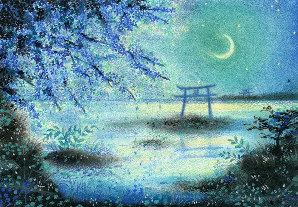 空想 幻想画 月下青桜に散る夢 Rakko Art Meter