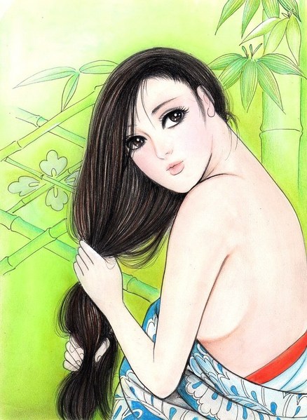 「髪を梳く豊満な女」