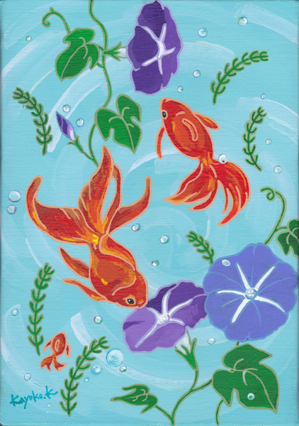 特別価格☆【原画】『夏の終わりの使者』（黒猫　金魚　絵画　手描き　和風　） 原画「黒猫と金魚鉢と文鳥」猫/小鳥/金魚/イラスト/アート/絵画