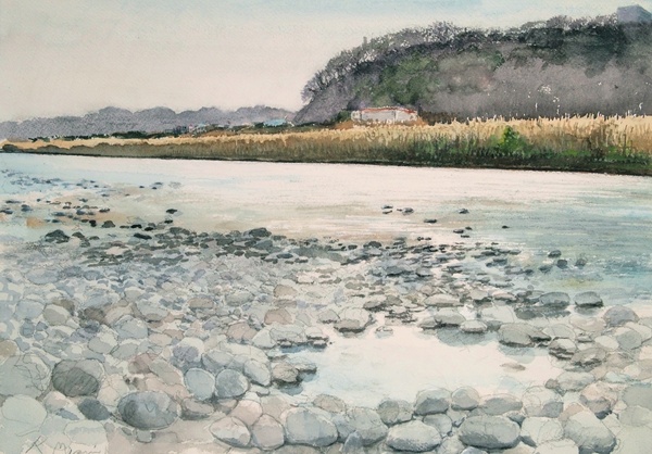 水彩画（相模川の釣り人」 水彩画「釣り人」