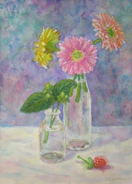 水彩画 女性と花の静物画 水彩画 女性と花の静物画