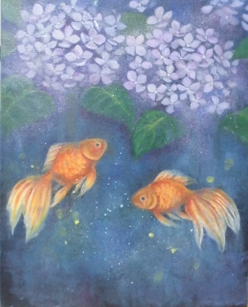 絵　ワンちゃんと紫陽花 絵 ワンちゃんと紫陽花