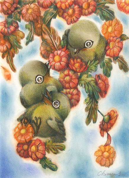 植物画 赤い菊とメジロ 千鶴 Art Meter