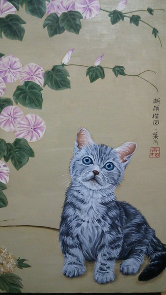 朝顔猫図・葉月