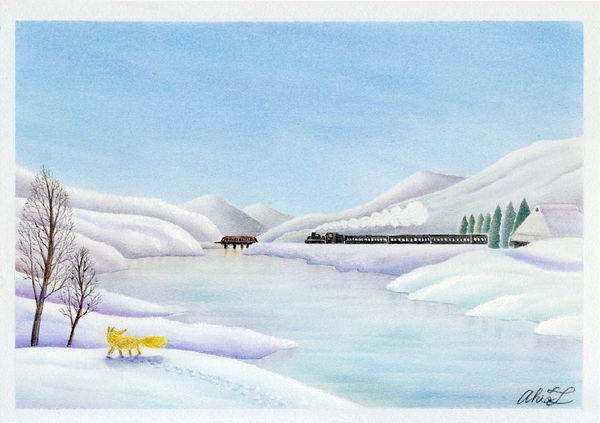 「雪原の狐」　手描き　油絵　油彩画　風景画　原画 キツネと冬の景色の油絵