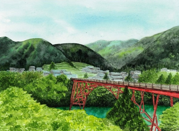 赤い鉄橋のある風景
