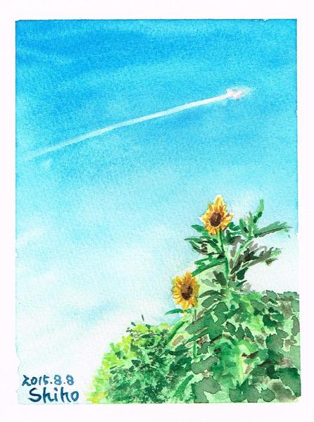 イラスト画 夏空の飛行機雲 Shiho Art Meter