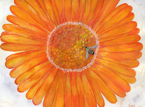 作品名:「オレンジの花」 画家名:「ニシキゴイ」 コメント:「みつばちがポイントの花です。キッチンに置いて飾りたくなる一枚になりました。」 ART-Meter