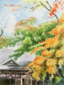 作品名:「古寺と紅葉」 画家名:「TAKA」 コメント:「色付く紅葉の季節。古いお寺とのコラボがとても美しい風景を描いてみました。F6に近いサイズの水彩画です。」 ART-Meter