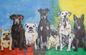 作品名:「We love dogs」 画家名:「TOMOYA」 コメント:「動物シリーズからM40サイズの横長タイプの大型スプレーアート作品。7頭のわんちゃんが並んで前を見つめていて、犬好きならずでも魅力的な作品です。犬達の可愛らしさ、存在感が感じられます。贈り物としてもおすすめです。」 ART-Meter