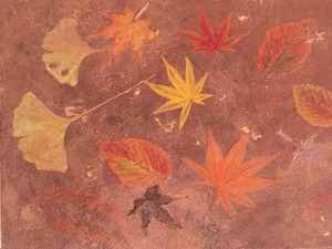 作品名:「紅葉」 画家名:「陽慈音(はるじおん)」 コメント:「秋の空気と一緒に、2枚の本物のもみじの葉っぱも閉じ込めました。
どれだかわかります?」 ART-Meter