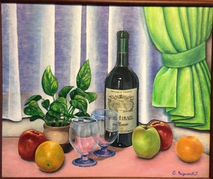 作品名:「静物画」 画家名:「水落恵美子」 コメント:「ワインと果物の静物画です。ダイニングに飾って、美味しそうだな、と思ってもらえたらと思って、描きました。」 ART-Meter