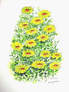 作品名:「ガザニア」 画家名:「山崎 英男」 コメント:「黄色は心を明るい気分にさせてくれるものです、
ガザニアは和名は勲章菊といいます、花は絵を描く時筆さばきが自由になるので好きな対象です。」 ART-Meter