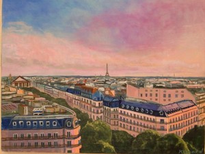 作品名:「パリ夕暮れ模様」 画家名:「中村和美」 コメント:「パリの夕暮れ風景です。夕日で桃色に染まった建造物。実際の色から少し変化させて、自分なりに表現してみました。宜しくお願いします。」 ART-Meter