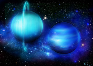 作品名:「Uranus & Neptune 1/5」 画家名:「SARIA」 コメント:「前回から太陽系をシリーズ物として描いておりまして、今回で第4回目です。銀河に浮かぶ天王星と海王星を神秘的で美しく見えるよう描いてみました。

次回作は準惑星となってしまいましたが個人的に好きな星である冥王星を描いて投稿したいと思います。(次作は完成ししだい、掲載致します)」 ART-Meter