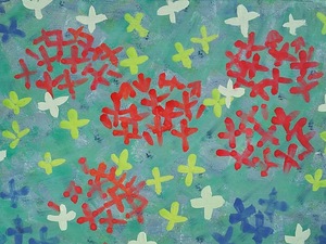 作品名:「サンダンカ01」 画家名:「金城 優」 コメント:「街路樹に多く見られるサンダンカの花は小さな四枚の花びらで、見ているとキラキラした星のように見える。そんなサンダンカを見て描きたくなった」 ART-Meter