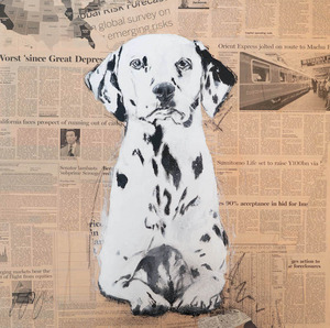 作品名:「Dalmatian」 画家名:「TOMOYA」 コメント:「動物シリーズからダルメシアンのスプレーアート作品!本作は652mm正方形キャンバスに英字新聞をコラージュして、その上にダルメシアンをポップに描いています。佇む犬の姿がかっこ良くもあり可愛らしいとてもおしゃれな作品です。
今作は白と黒のモノクロで描かれており、お洒落にスタイリッシュに飾って頂けます。」 ART-Meter