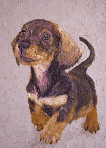 作品名:「ダックス子犬 #211」 画家名:「高瀬大介」 コメント:「絵の具はホルベイン製を使用しています。」 ART-Meter