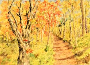 作品名:「ブナ林の小道」 画家名:「Yoshi.A」 コメント:「黄葉と紅葉のブナ林を分けて 落葉の小径はどこへ抜けているのだろう。」 ART-Meter