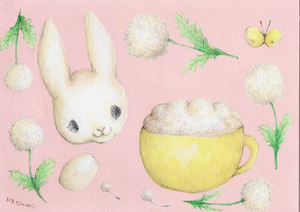 作品名:「うさぎとふわふわカフェオレとたんぽぽ」 画家名:「Hatsumi」 コメント:「ふわふわたんぽぽとふかふかカフェオレとうさぎさん。ミルクたっぷりのカフェオレ召し上がれ。アクリルとアクリルガッシュと鉛筆を使って描いてます。 Cafe au lait rich with fluffy dandelions and milk. Rabbits drink their favorite cafe au lait.」 ART-Meter