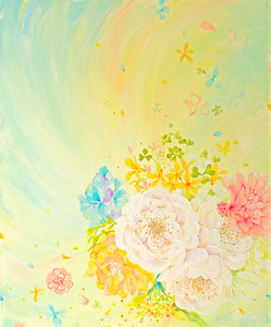 作品名:「花色さくれつ」 画家名:「ヒフミヨイ」 コメント:「花をカラフルに咲きはじけさせました。白い花のドットはゴールドに輝きます✧見た方が元気になりますように。」 ART-Meter
