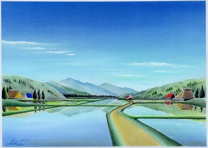 作品名:「5月の風景」 画家名:「アキオ」 コメント:「水を張った田植え前の水田に映る山々。「逆さ〇〇」と呼ばれる景色が全国のあちらこちらで現れる季節です。日本的な愛おしい風景を「5月の風景」として描いてみました。」 ART-Meter