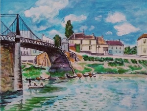 作品名:「ヴィルヌーヴ・ラ・ガレンヌの橋」 画家名:「ToshiJapon」 コメント:「ヴィルヌーヴ・ラ・ガレンヌは、フランスのパリの北部郊外にあるコミューンです。パリの中心部から9.2kmの、エール・ド・フランス地方のオー・ド・セイン県に位置しています。」 ART-Meter