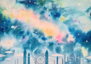 作品名:「オーロラの夜空」 画家名:「UMARE」 コメント:「高い塔やお城が立ち並ぶ風景に宇宙を感じさせるような神秘的な色合いの夜空。観覧車に乗って星を眺めます。
アクリル絵具で水彩画のように、にじみをきかせて描きました。」 ART-Meter