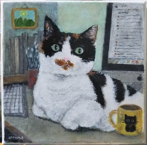 作品名:「机の上で寛ぐ猫」 画家名:「ころね」 コメント:「机の上でまったり寛いでいる猫の絵です。」 ART-Meter