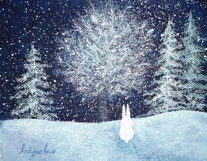 作品名:「雪の降る夜」 画家名:「chizuko」 コメント:「雪を見に来た兎」 ART-Meter