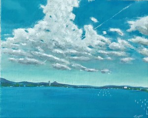 作品名:「夏、浜名湖情景 Ⅰ」 画家名:「牧野 友彦」 コメント:「遠方に富士山を望む、夏の浜名湖を描いてみました。」 ART-Meter