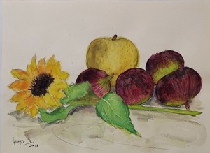 作品名:「向日葵と果物」 画家名:「岩谷 康世」 コメント:「夏の季節を彩る花、果物を一気に描く」 ART-Meter
