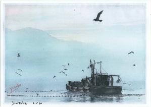 作品名:「tunegami 半島の漁(2/10)」 画家名:「yutaka」 コメント:「漁師さんの朝。かもめの朝。」 ART-Meter